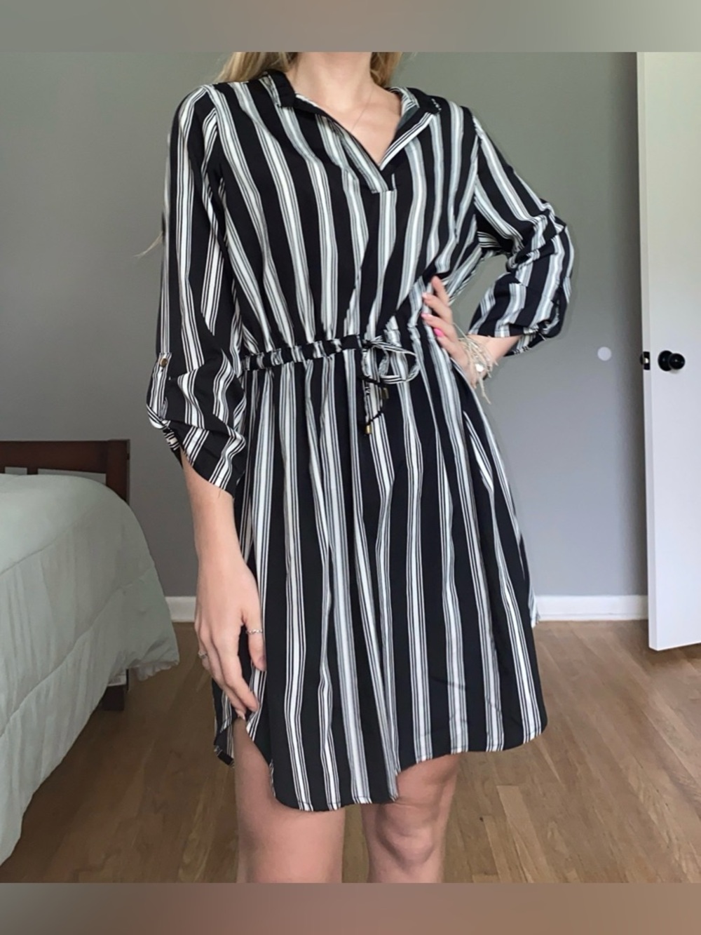 Black and White Striped Mini Shirt Dress with Tie Waist